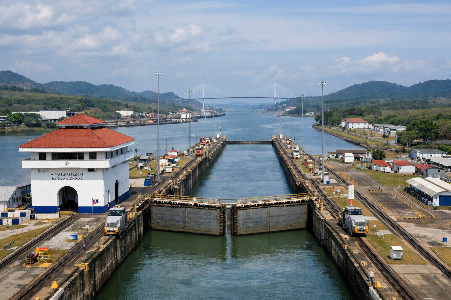 Miraflores-Schleusen des Panamakanals mit Blick auf die Schleusenkammern und den Kanalverlauf