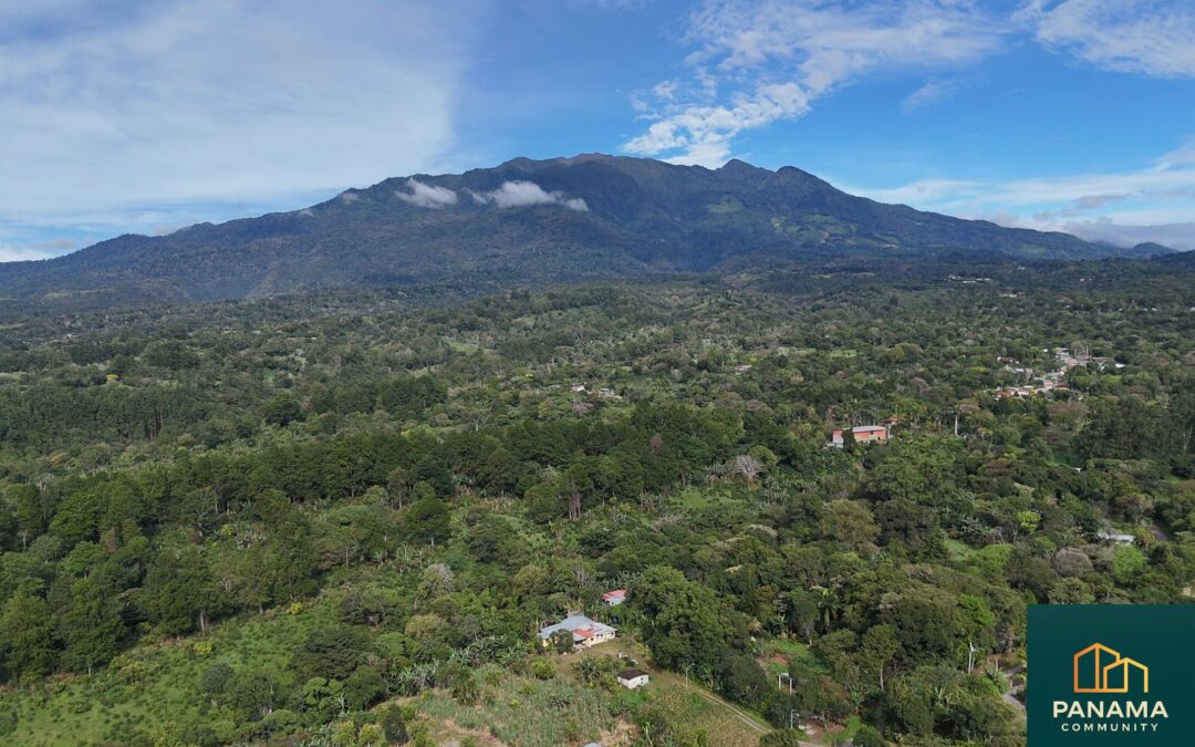 Landschaftsaufnahme des grünen Hochlands von Panama mit Bergen, Waldflächen und verstreuten Häusern nahe Boquete.
