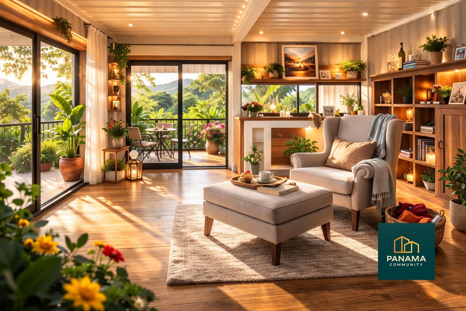 Wohnbereich im Apartment von Refugio de Palmira im Hochland von Panama mit Terrasse und Blick ins Grüne