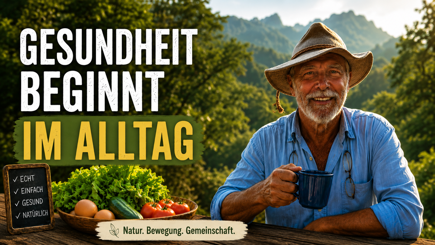 Longevity im Refugio de Palmira. Älterer Mann im Hochland von Panama mit frischem Gemüse, Natur und Gemeinschaft. Gesundheit beginnt im Alltag.