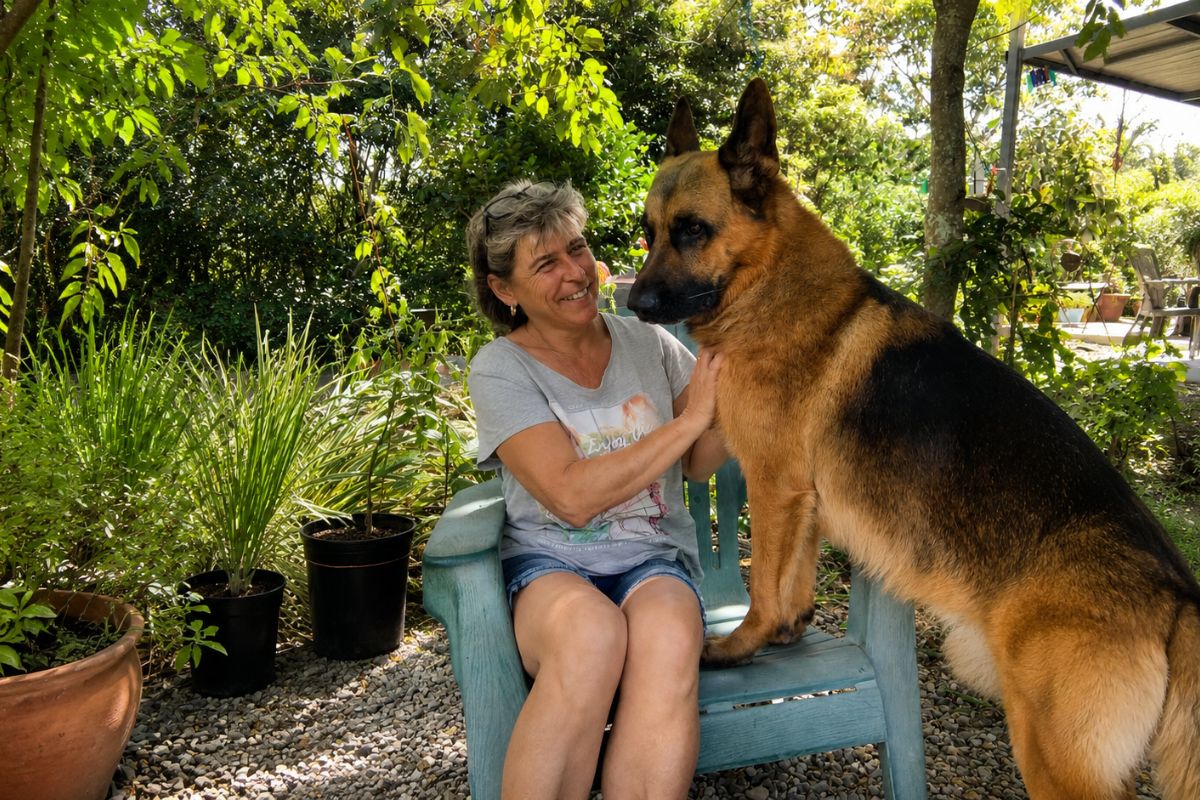 Frau mit Schäferhund in einem grünen Garten im Hochland von Panama