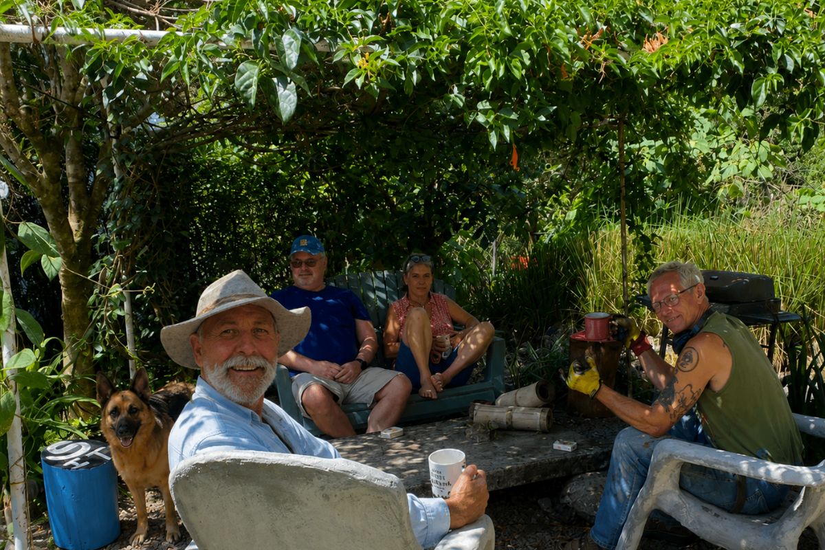Gemeinschaftsgarten in Palmira bei Boquete. Menschen sitzen gemeinsam im Grünen und erleben den Alltag im Hochland von Panama.