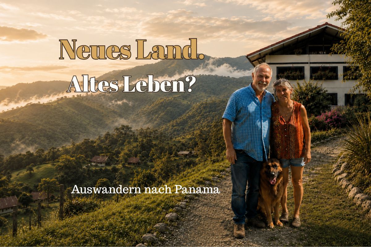 Frank und Claudia mit Hund im Hochland von Panama vor ihrem Haus in Palmira bei Boquete mit Blick auf grüne Berge und Natur.