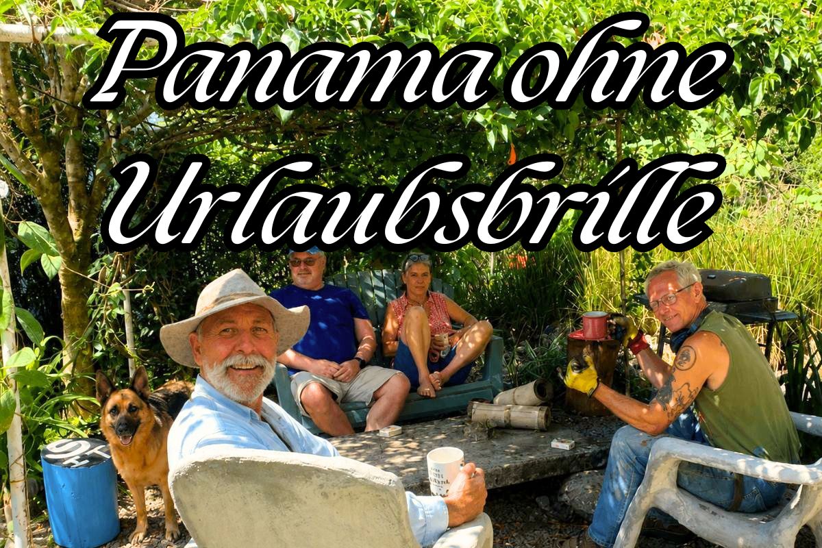 Menschen sitzen gemeinsam mit Hund im Garten der Panama Community in Palmira bei Boquete und erleben den Alltag im Hochland von Panama.