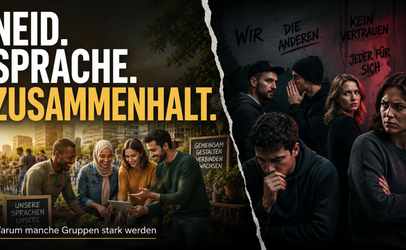 Provokantes Beitragsbild über Neid, Sprache und Zusammenhalt bei Deutschen im Ausland und Einwanderern in Deutschland.