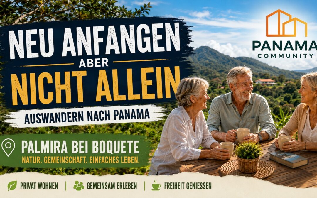 Drei ältere Menschen sitzen gemeinsam an einem Tisch im grünen Hochland von Palmira bei Boquete in Panama. Beitragsbild zum Thema Auswandern nach Panama und Gemeinschaft.