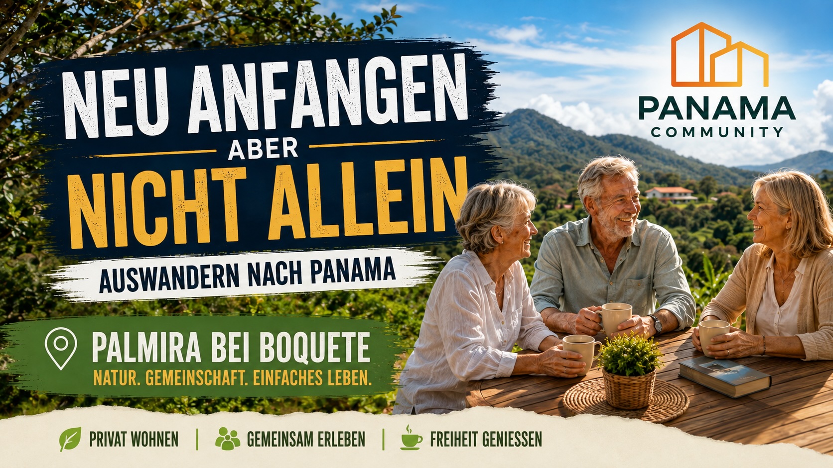 Drei ältere Menschen sitzen gemeinsam an einem Tisch im grünen Hochland von Palmira bei Boquete in Panama. Beitragsbild zum Thema Auswandern nach Panama und Gemeinschaft.