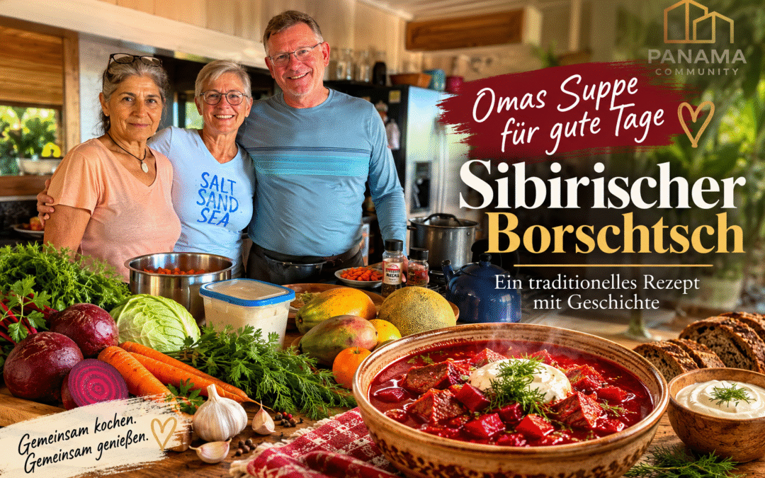 Gemeinsames Kochen in der PanamaCommunity mit einer Schüssel sibirischem Borschtsch
