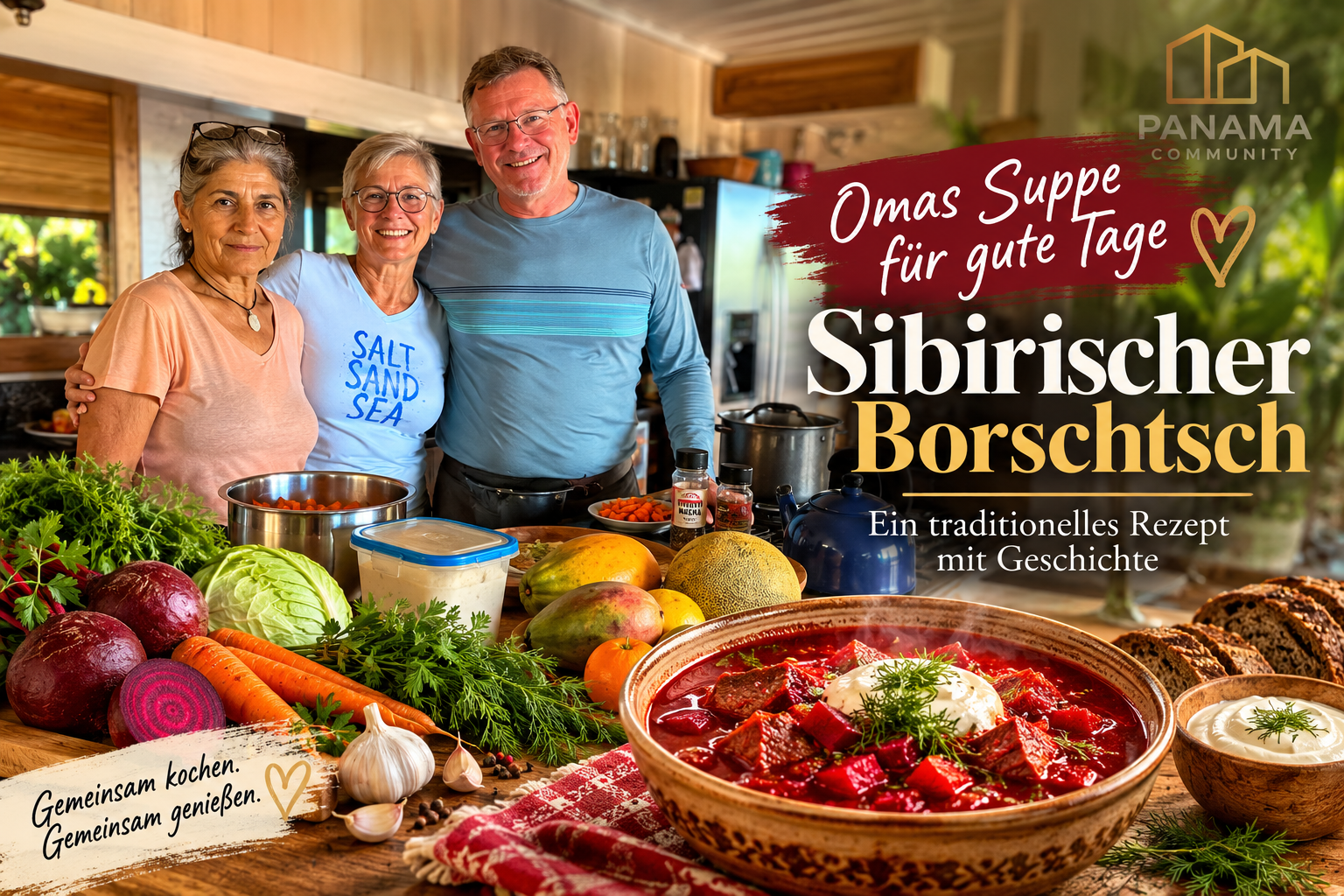 Gemeinsames Kochen in der PanamaCommunity mit einer Schüssel sibirischem Borschtsch