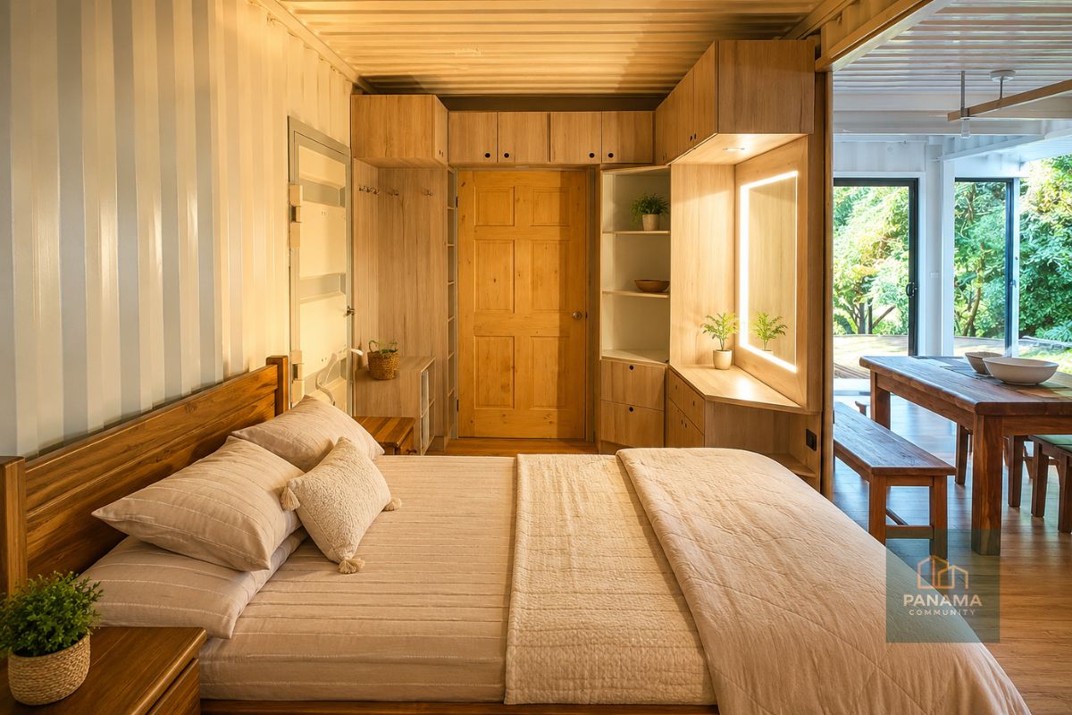 Schlafzimmer im Apartment 4 mit orthopädischem Queensize-Bett, Einbauschränken und beleuchtetem Ankleidebereich