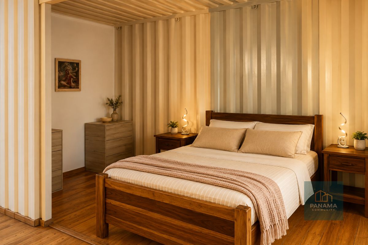 Schlafzimmer im Apartment 4 der Panama Community mit orthopädischem Queensize-Bett und warmer Beleuchtung