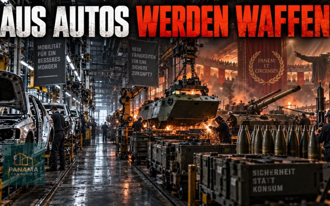 Automobilfabrik im Wandel zur Rüstungsproduktion mit Fahrzeugkarosserien, Militärfahrzeugen und dem Schriftzug „Aus Autos werden Waffen“