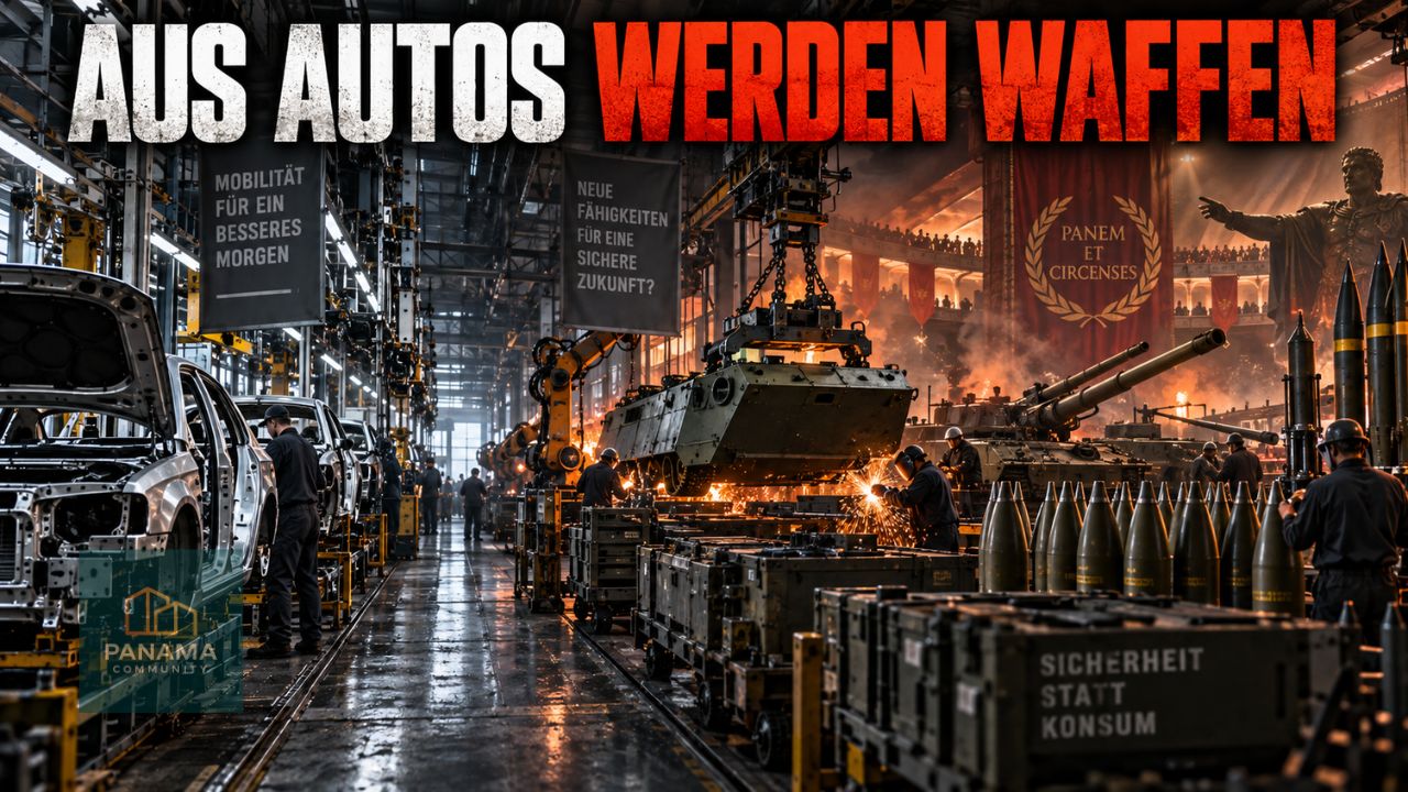Automobilfabrik im Wandel zur Rüstungsproduktion mit Fahrzeugkarosserien, Militärfahrzeugen und dem Schriftzug „Aus Autos werden Waffen“