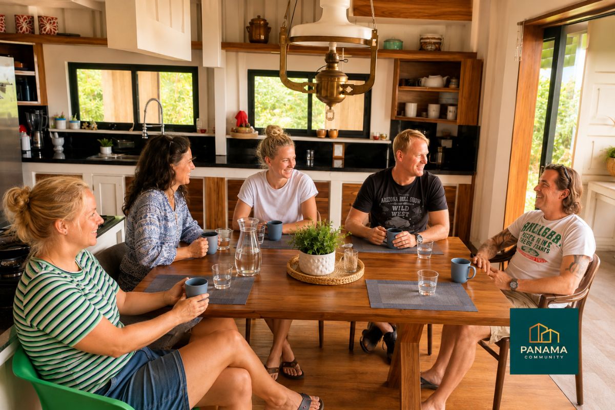 Bewohner der Panama Community sitzen gemeinsam am Tisch und unterhalten sich