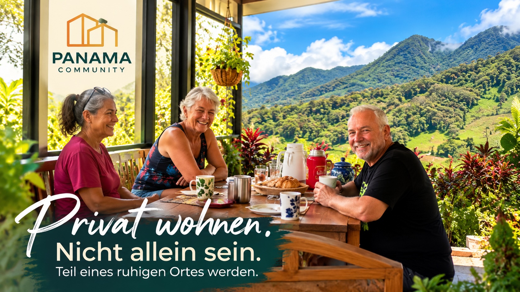 Drei Menschen beim gemeinsamen Frühstück im grünen Hochland von Panama bei Boquete